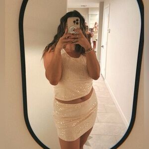 Sparkling Cream Sequin Top and Skirt Set